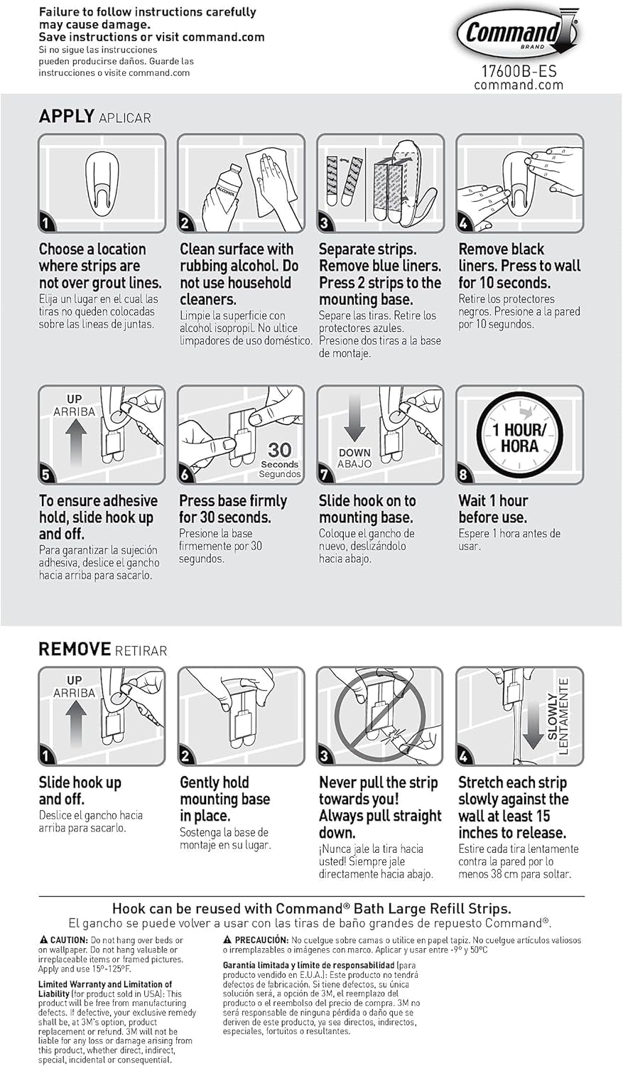 Bathroom Hook with Water-Resistant Strips, 1-Hook, 2-Strips, Organize Damage-Free