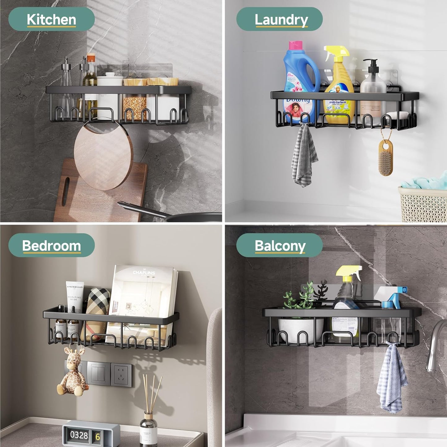Shower Caddy 6-Pack, Advanced Rustproof Design, No Drilling Adhesive Shelves, Rack with Soap Holder, Large Capacity Bathroom Organizers and Storage, Wall-Mounted Kitchen & Home Decor