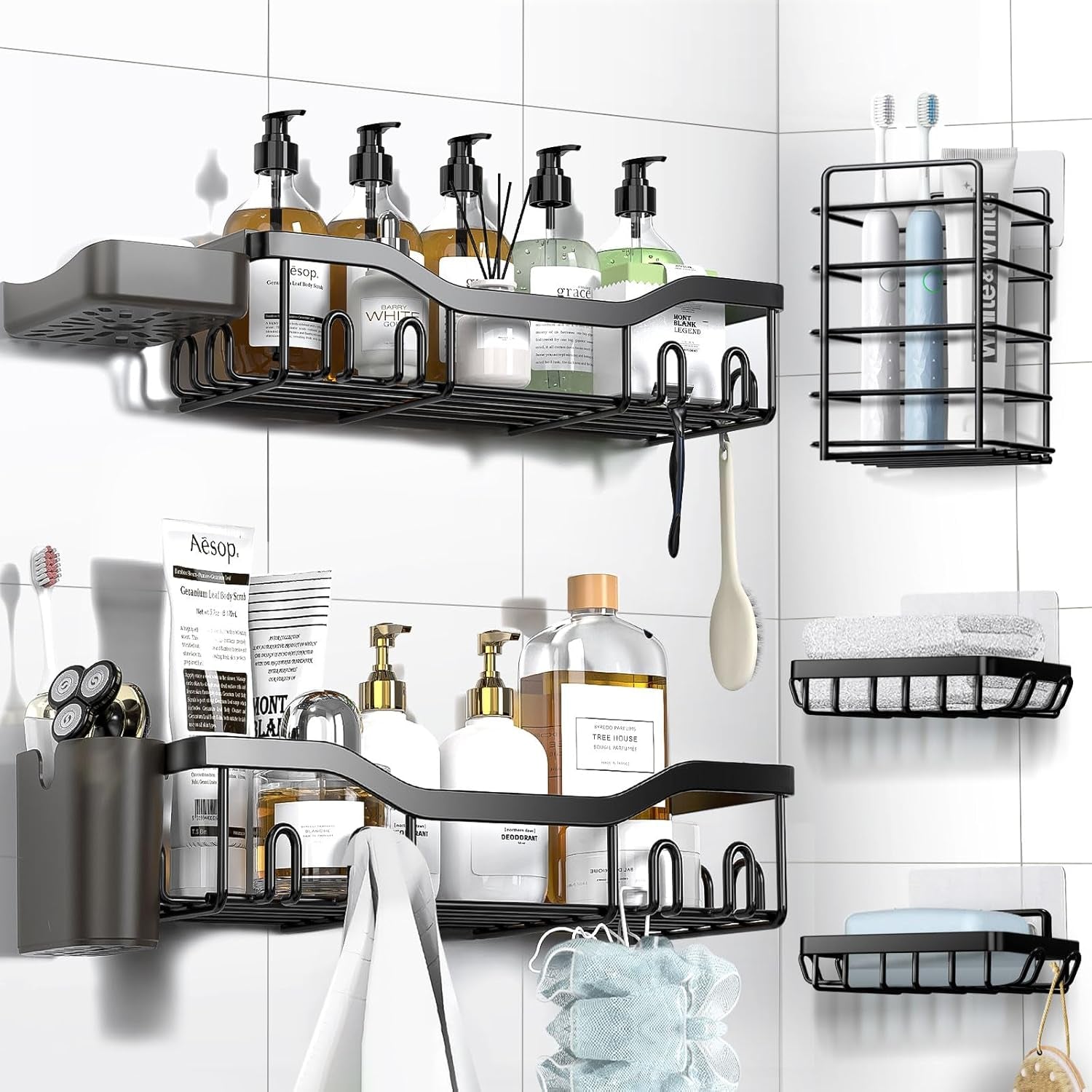 Shower Caddy Adhesive Shower Organizer 7-Pack, Rustproof Stainless Steel Bathroom Shelves, Large Capacity No-Drill Rack Storage Accessories with Soap Dish Toothbrush Holder &24 Hooks Home Decor