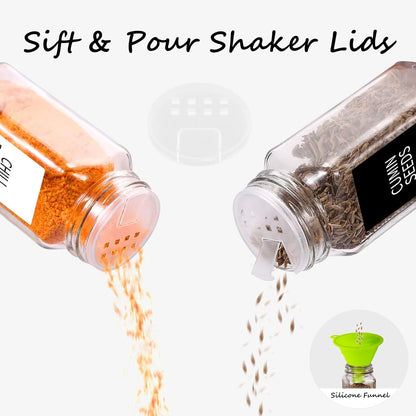 25 Spice Jars with 547 Labels- Glass Spice Jars with Black Metal Caps, 4Oz Empty Spice Containers with Shaker Lids, Funnel, Chalk Pen, Square Seasoning Bottles for Spice Rack, Drawer, Cabinet