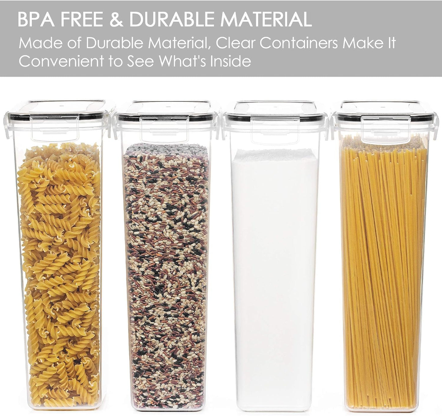 Airtight Food Storage Containers with Lids, 4 PCS 2.8L Pasta Containers for Pantry Organization and Storage, BPA Free Kitchen Canisters for Spaghetti, Flour, Sugar and Noodles, Black