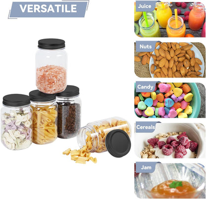 16 Oz Clear Plastic Jars with Lids, Refillable 16Oz Mason Jars with Lids & Storage Containers for Kitchen & Household Use (10 Pack,Black)