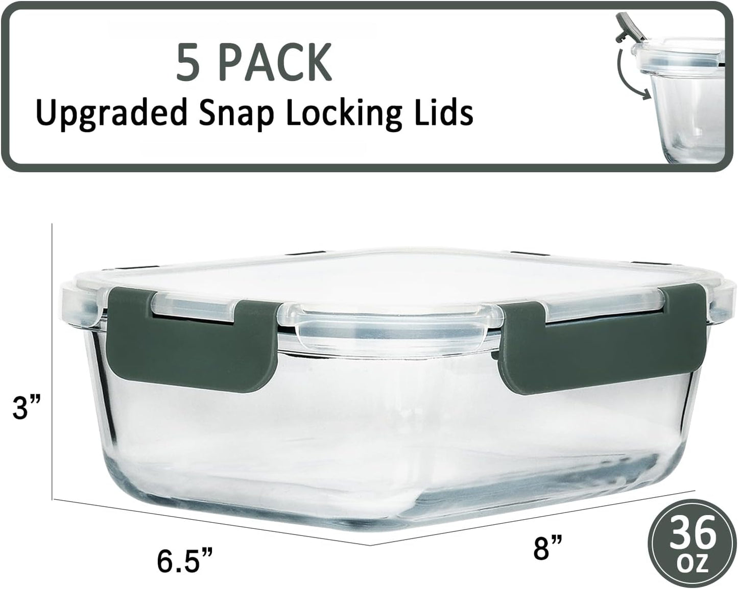 [5-Packs, 36 Oz Glass Meal Prep Containers with Snap Locking Lids Glass Food Containers,Airtight Lunch Container,Microwave, Oven, Freezer and Dishwasher (4.5 Cup)