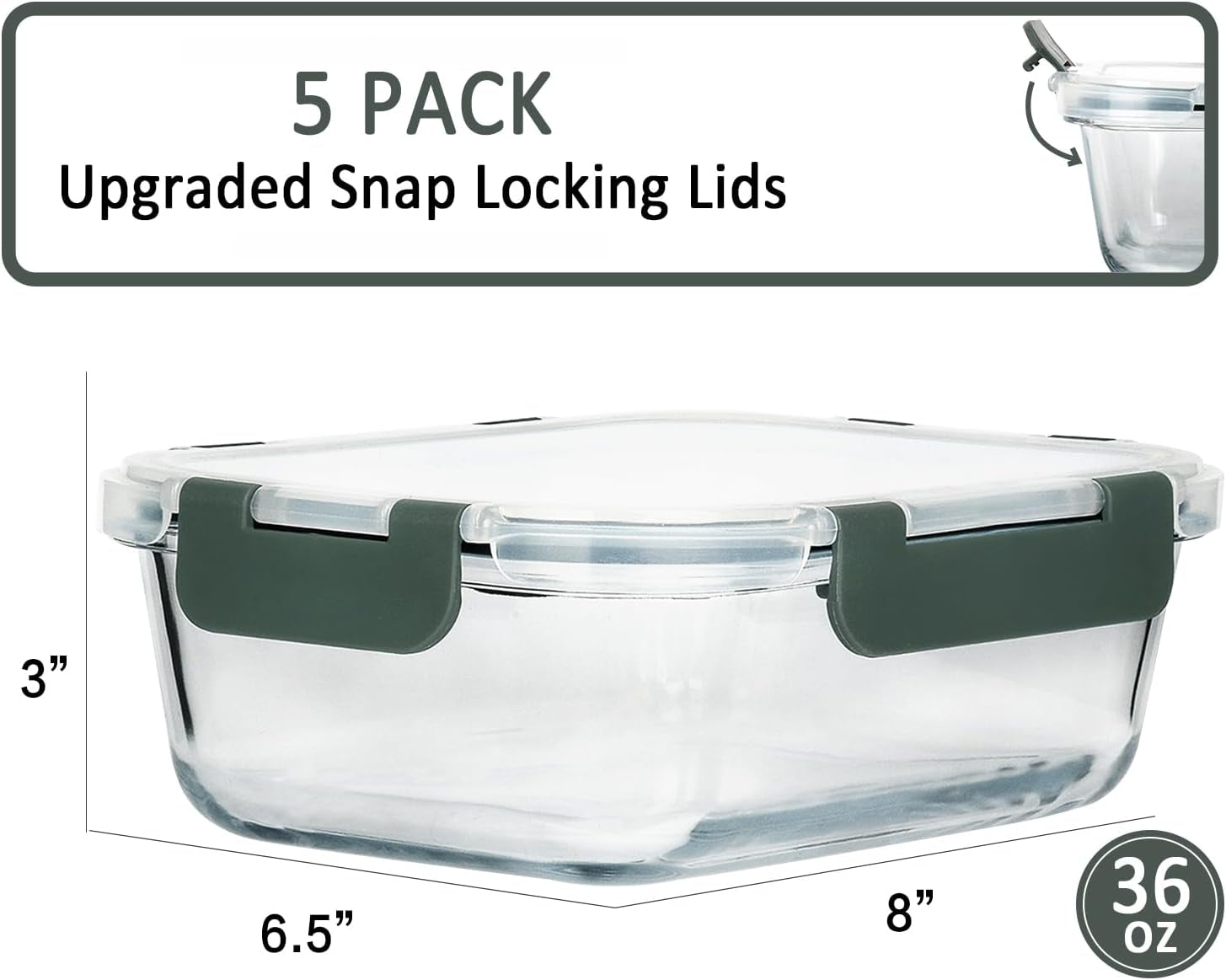 [5-Packs, 36 Oz Glass Meal Prep Containers with Snap Locking Lids Glass Food Containers,Airtight Lunch Container,Microwave, Oven, Freezer and Dishwasher (4.5 Cup)