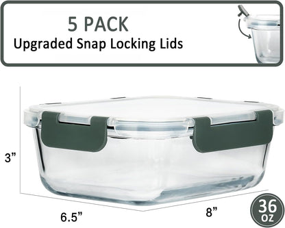 [5-Packs, 36 Oz Glass Meal Prep Containers with Snap Locking Lids Glass Food Containers,Airtight Lunch Container,Microwave, Oven, Freezer and Dishwasher (4.5 Cup)