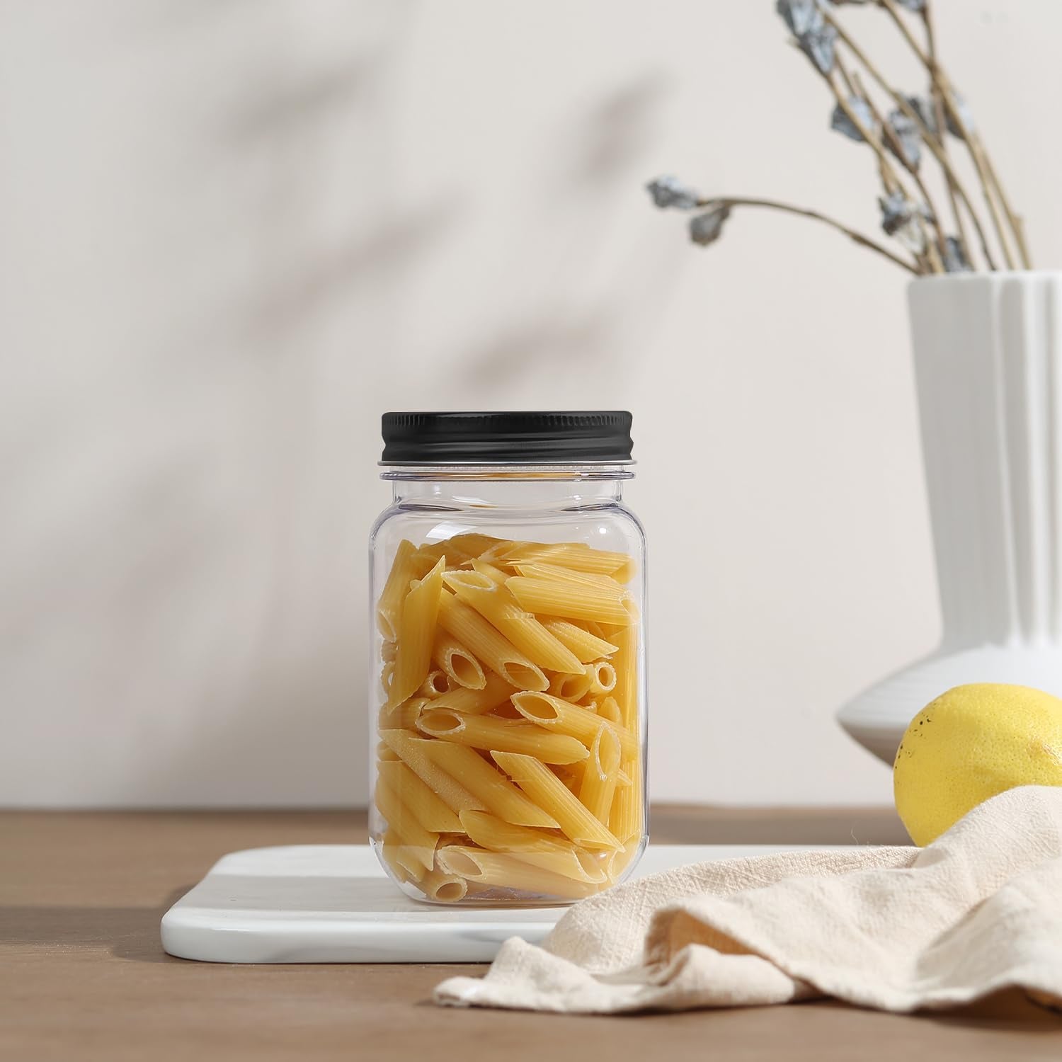 16 Oz Clear Plastic Jars with Lids, Refillable 16Oz Mason Jars with Lids & Storage Containers for Kitchen & Household Use (10 Pack,Black)