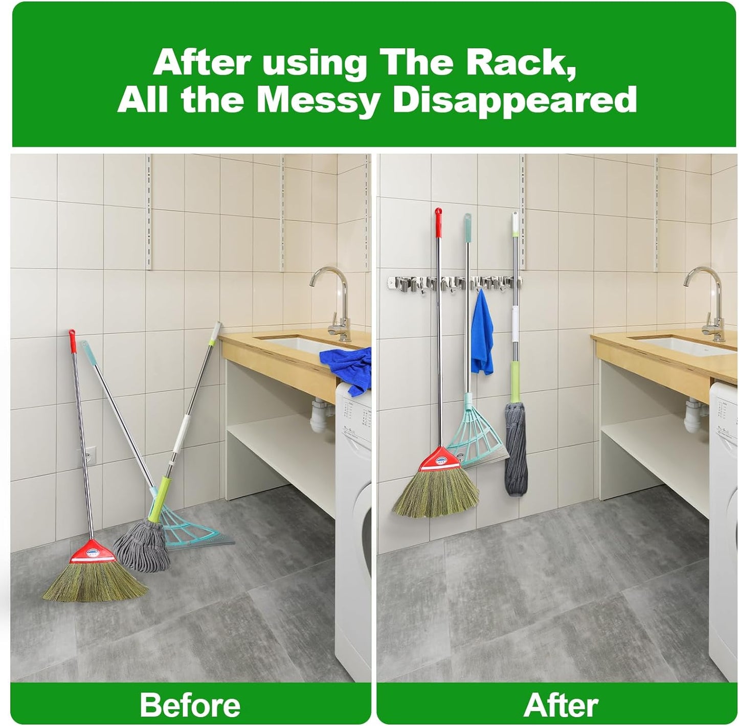 5 Racks and 4 Hooks Mop and Broom Holder Wall Mount, Self Adhesive Heavy Duty Broom Hanger Organizer Storage Tool Racks for Kitchen Garden Laundry Garage