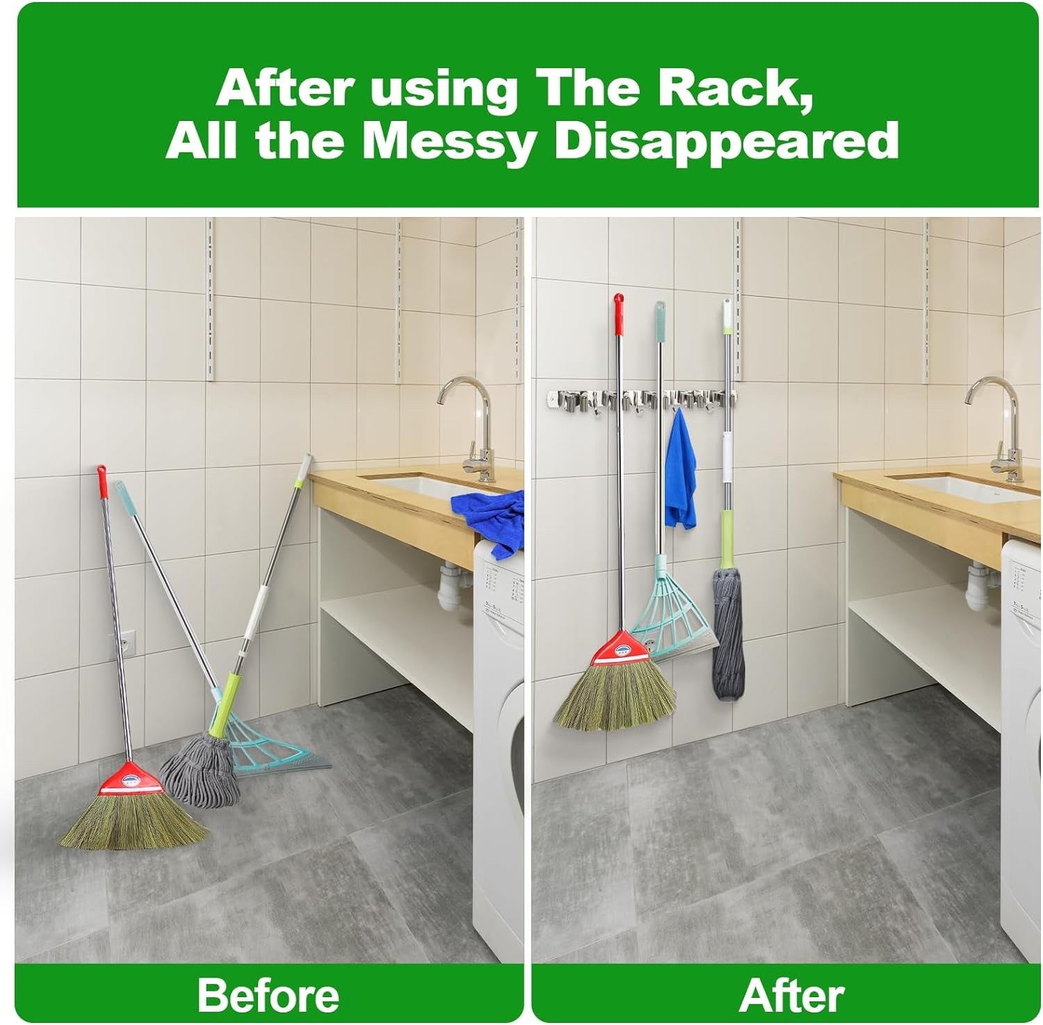 5 Racks and 4 Hooks Mop and Broom Holder Wall Mount, Self Adhesive Heavy Duty Broom Hanger Organizer Storage Tool Racks for Kitchen Garden Laundry Garage