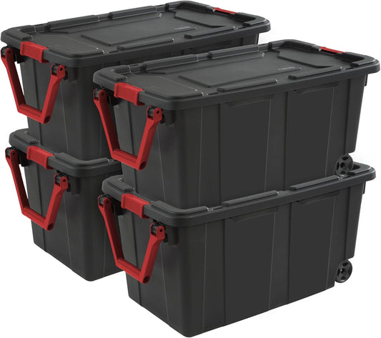 4-Pack Industrial Tote, Heavy-Duty Storage Bins W/Lids and Wheels, 40 Gallon - Stackable Organizing Containers for Home, Garage, Office, and Basement