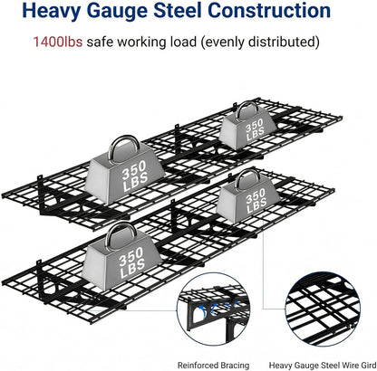 2-Pack 2X6Ft Garage Shelving 24-Inch-By-72-Inch Heavy Duty Wall Mounted Shelves Garage Storage Rack Floating Shelves, 1400Lbs Load Capacity, Black, Classic Series