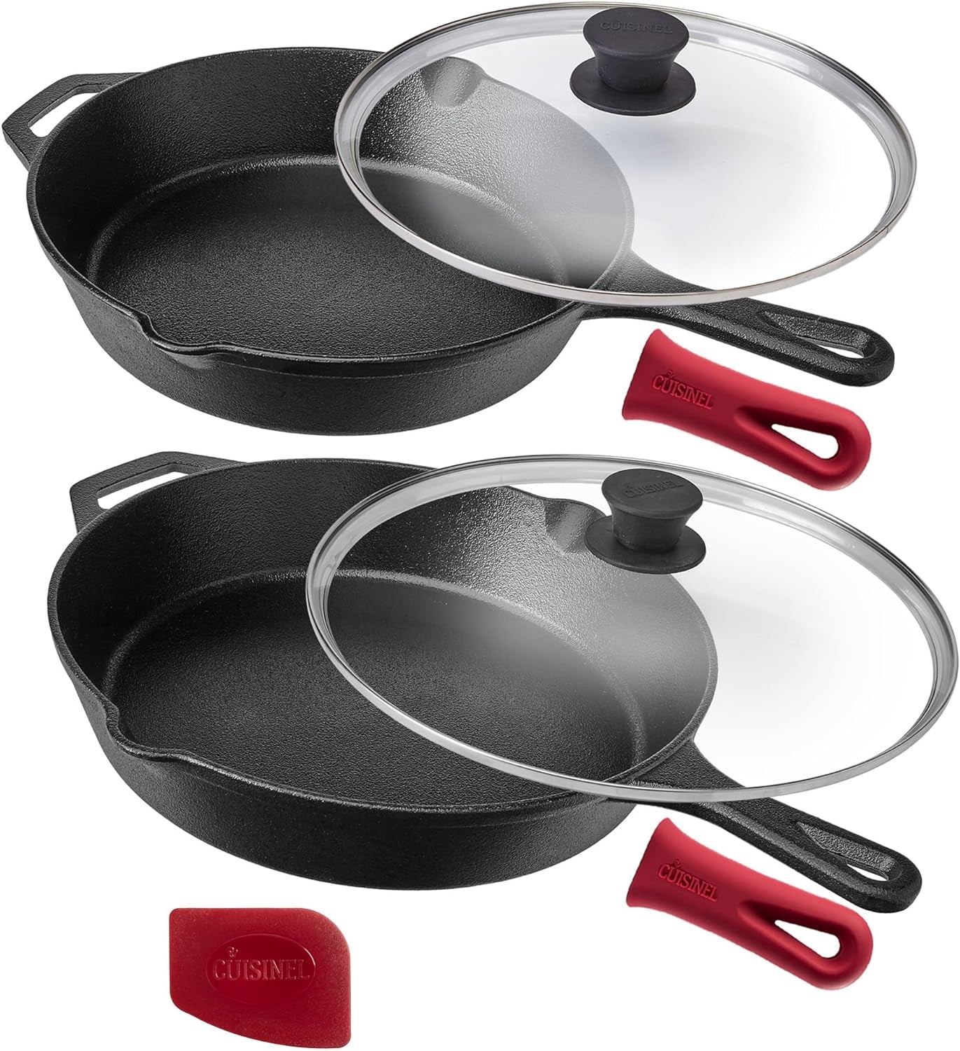 Cast Iron Skillet Set - 10" + 12" Frying Pan + Glass Lids + 2 Handle Cover Grips - Pre-Seasoned Oven Cookware - Indoor/Outdoor Use - Grill, Stovetop, Induction, Camping. PFAS and Pfoa-Free