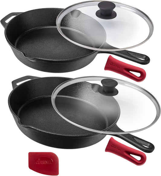 Cast Iron Skillet Set - 10" + 12" Frying Pan + Glass Lids + 2 Handle Cover Grips - Pre-Seasoned Oven Cookware - Indoor/Outdoor Use - Grill, Stovetop, Induction, Camping. PFAS and Pfoa-Free