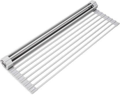 20.5 X 13.1 Inch Roll-Up Dish Drying Rack, Fits across Sink Openings up to 19.5 Inches, Heavy-Duty Premium Silicone, Strong Support, Non-Slip, Heat-Resistant, Warm Gray