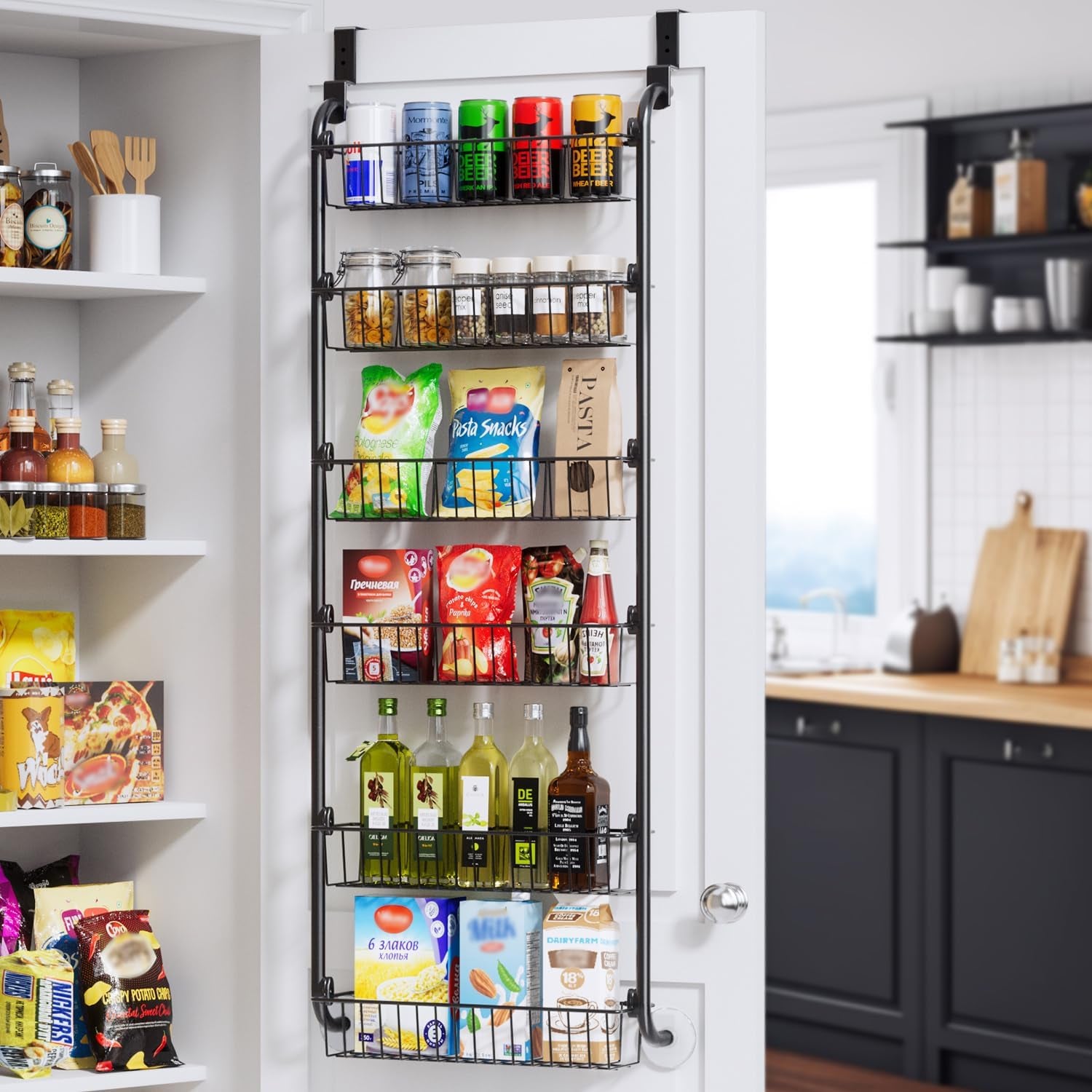 over the Door Pantry Organizer, 6-Tier Metal Pantry Door Organization and Storage, Hanging Kitchen Basket Spice Rack Seasoning Shelves, Cabinet Door Organizer for Easy Install,D5Xw18Xh50Inch
