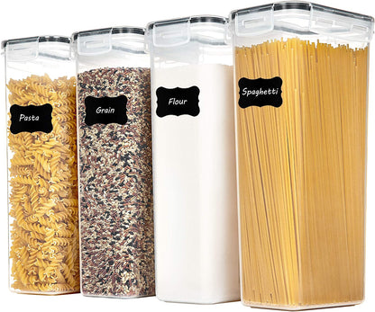 Airtight Food Storage Containers with Lids, 4 PCS 2.8L Pasta Containers for Pantry Organization and Storage, BPA Free Kitchen Canisters for Spaghetti, Flour, Sugar and Noodles, Black