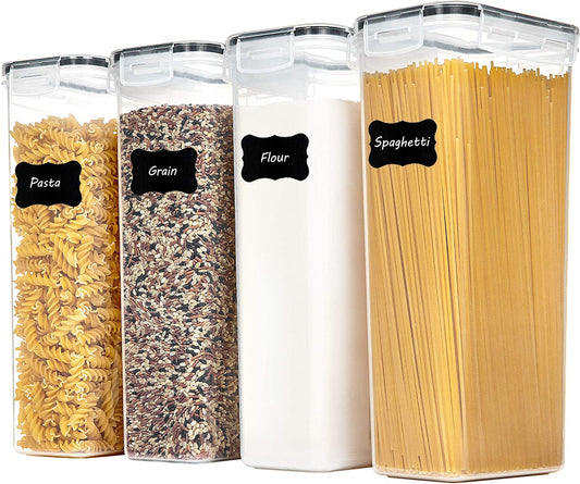 Airtight Food Storage Containers with Lids, 4 PCS 2.8L Pasta Containers for Pantry Organization and Storage, BPA Free Kitchen Canisters for Spaghetti, Flour, Sugar and Noodles, Black