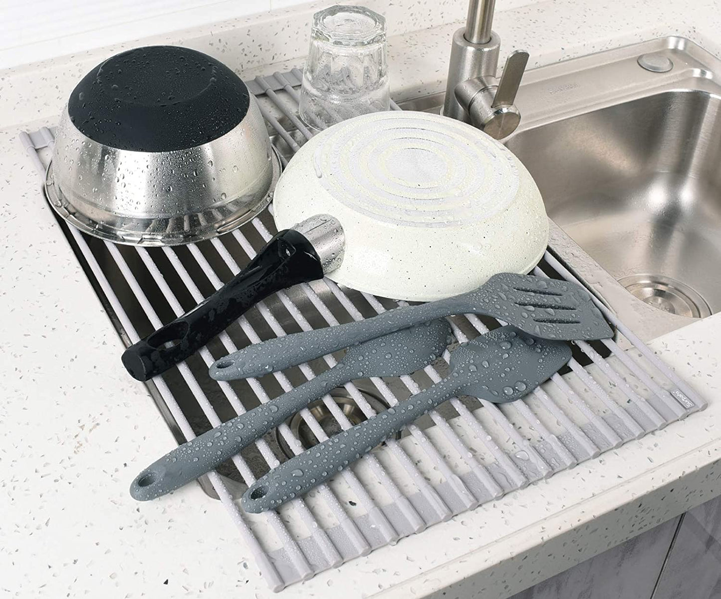 20.5 X 13.1 Inch Roll-Up Dish Drying Rack, Fits across Sink Openings up to 19.5 Inches, Heavy-Duty Premium Silicone, Strong Support, Non-Slip, Heat-Resistant, Warm Gray