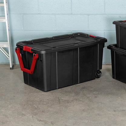 4-Pack Industrial Tote, Heavy-Duty Storage Bins W/Lids and Wheels, 40 Gallon - Stackable Organizing Containers for Home, Garage, Office, and Basement