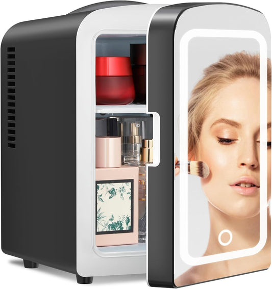 4L Makeup Mini Refrigerator with Mirror for Bedroom, Car, Office & Dorm, Portable Small Cooler for Cosmetics, Skin Care, Black