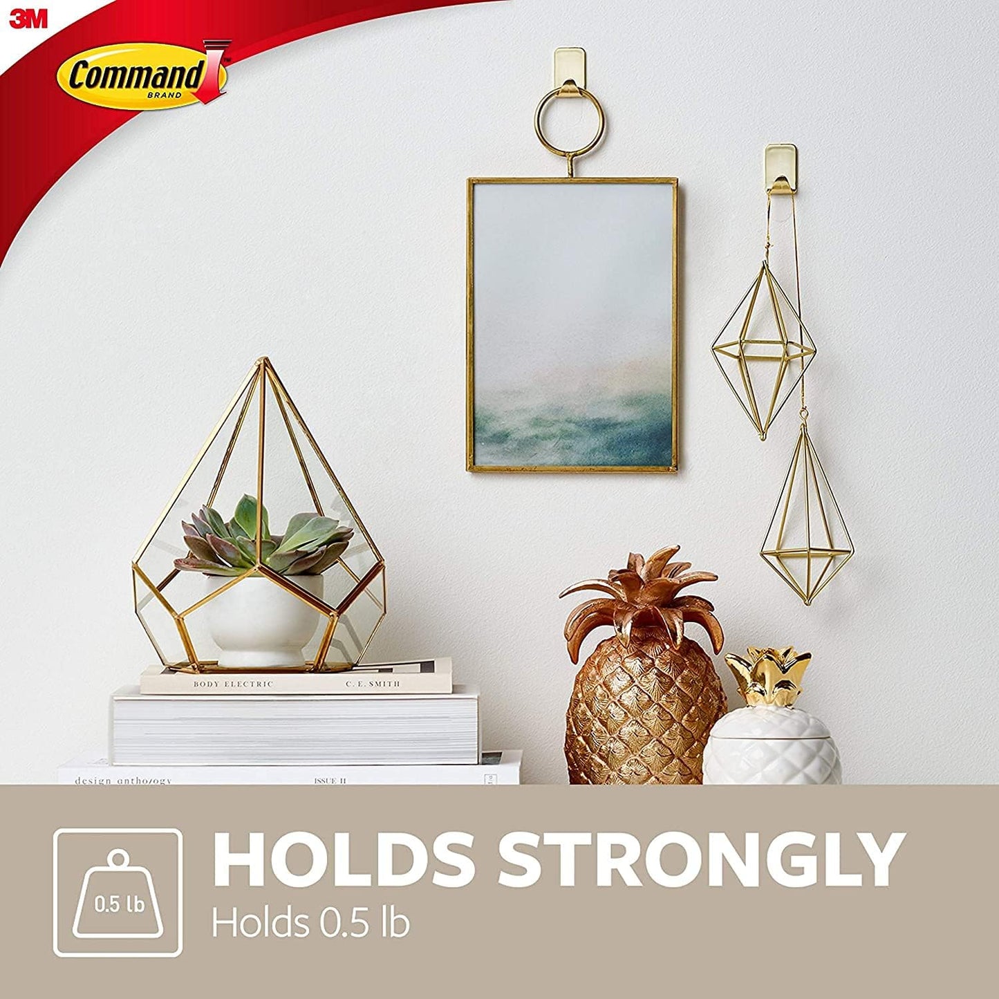 Medium Designer Hooks, Brushed Nickel, 3-Hooks, 6-Strips, Decorate Damage-Free