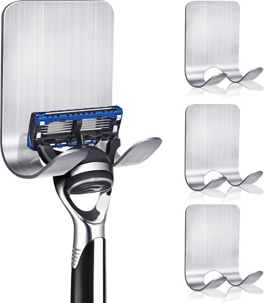 Razor Holder for Shower, 4 Pack Stainless Steel Razor Holder Hooks, Waterproof Self-Adhesive Shaver Holder Hanger Hooks for Bathroom Kitchen to Organize Loofah Robe Towel Plug Coat
