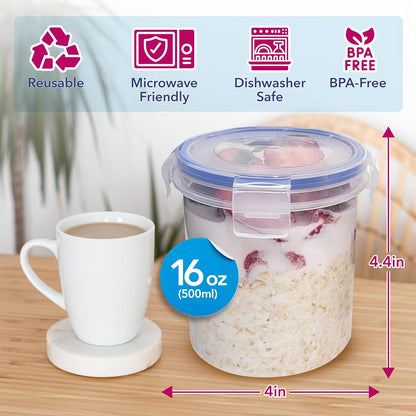 Overnight Oats Container with Lids (4-Piece Set) - 16 Oz Plastic Containers with Lids - Oatmeal Container to Go | Portable Cereal and Milk Container on the Go | Airtight Snap Lock Storage Jars