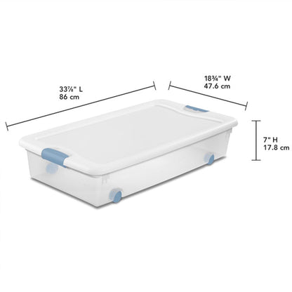 4-Pack 56 Quart Wheeled Latching Box, Underbed Clear Plastic Storage Organizer - under Bed Rolling Container Bin with Lid and Wheels for Home or Dorm Bedrooms and Closets