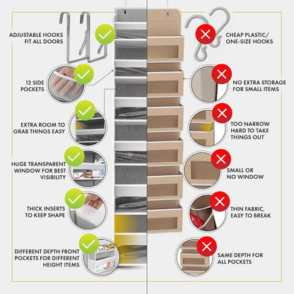 UPGRADED 6 Tiers over the Door Organizer Hanging - 100D EXTRA THICK & 50Lbs HUGE CAPACITY, 12 Side Mesh Pockets over the Door Shoe Organizer, Hanging Closet Organizer (Ivory, 1Pc)