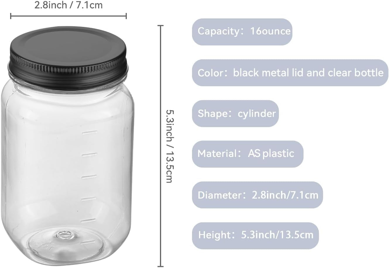 16 Oz Clear Plastic Jars with Lids, Refillable 16Oz Mason Jars with Lids & Storage Containers for Kitchen & Household Use (10 Pack,Black)