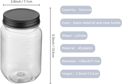 16 Oz Clear Plastic Jars with Lids, Refillable 16Oz Mason Jars with Lids & Storage Containers for Kitchen & Household Use (10 Pack,Black)
