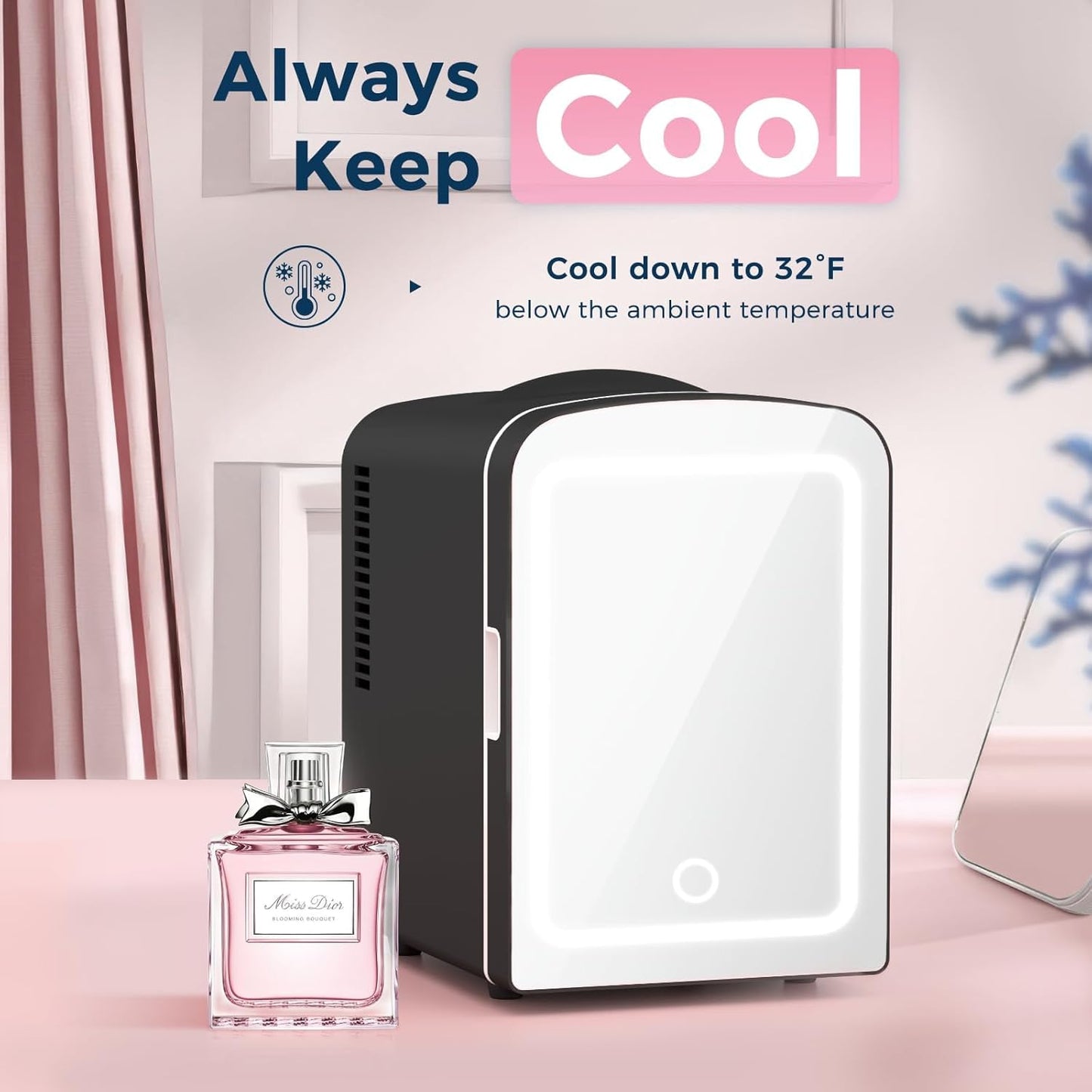 4L Makeup Mini Refrigerator with Mirror for Bedroom, Car, Office & Dorm, Portable Small Cooler for Cosmetics, Skin Care, Black