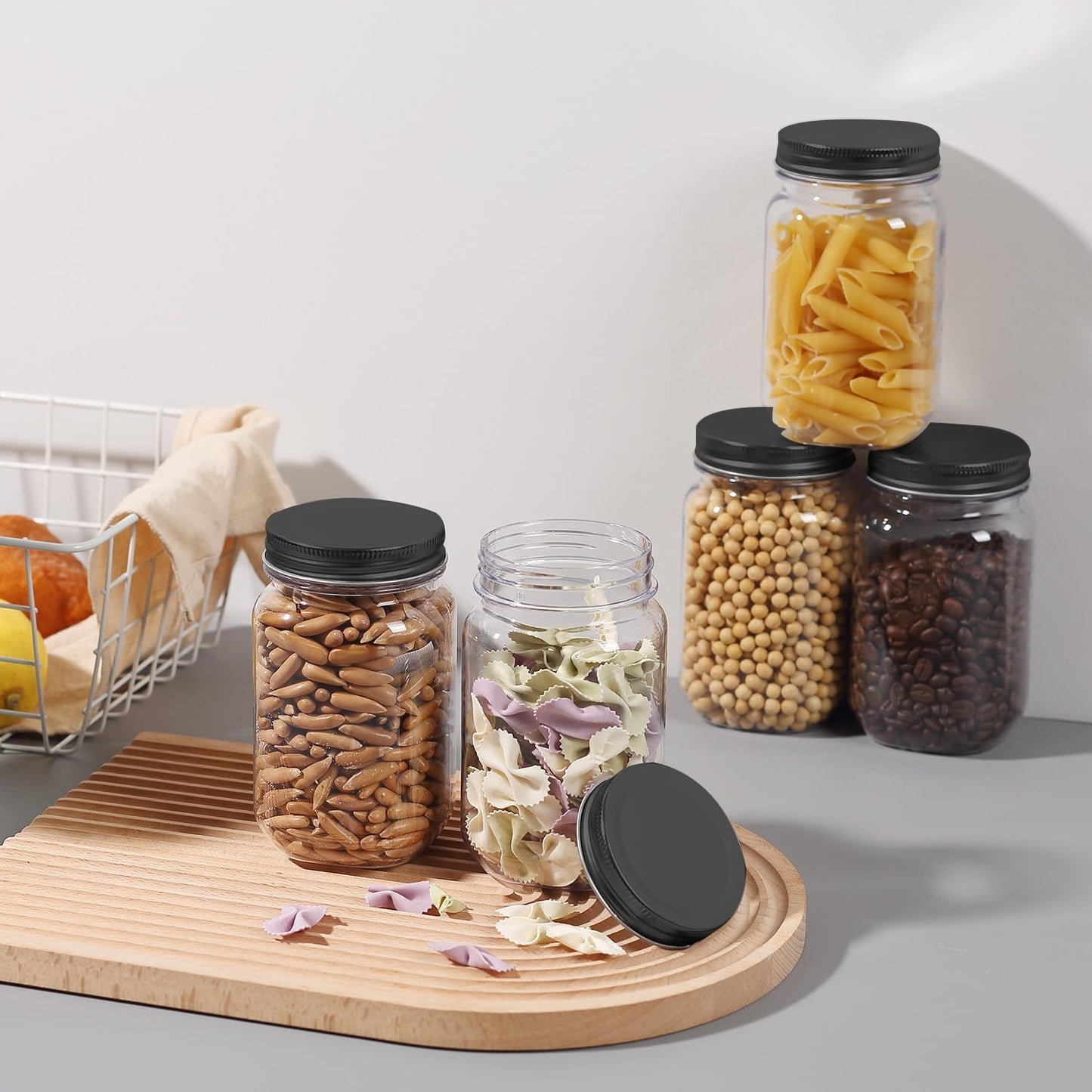 16 Oz Clear Plastic Jars with Lids, Refillable 16Oz Mason Jars with Lids & Storage Containers for Kitchen & Household Use (10 Pack,Black)