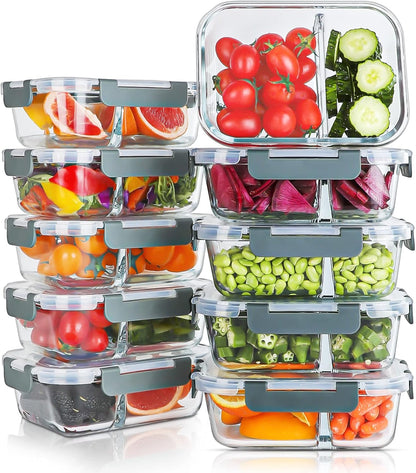 10 Packs 30Oz Glass Meal Prep Containers 2 Compartments,Glass Food Storage Containers with Lids,Airtight Lunch Bento Boxes,Microwave,Oven,Freezer and Dishwasher Safe