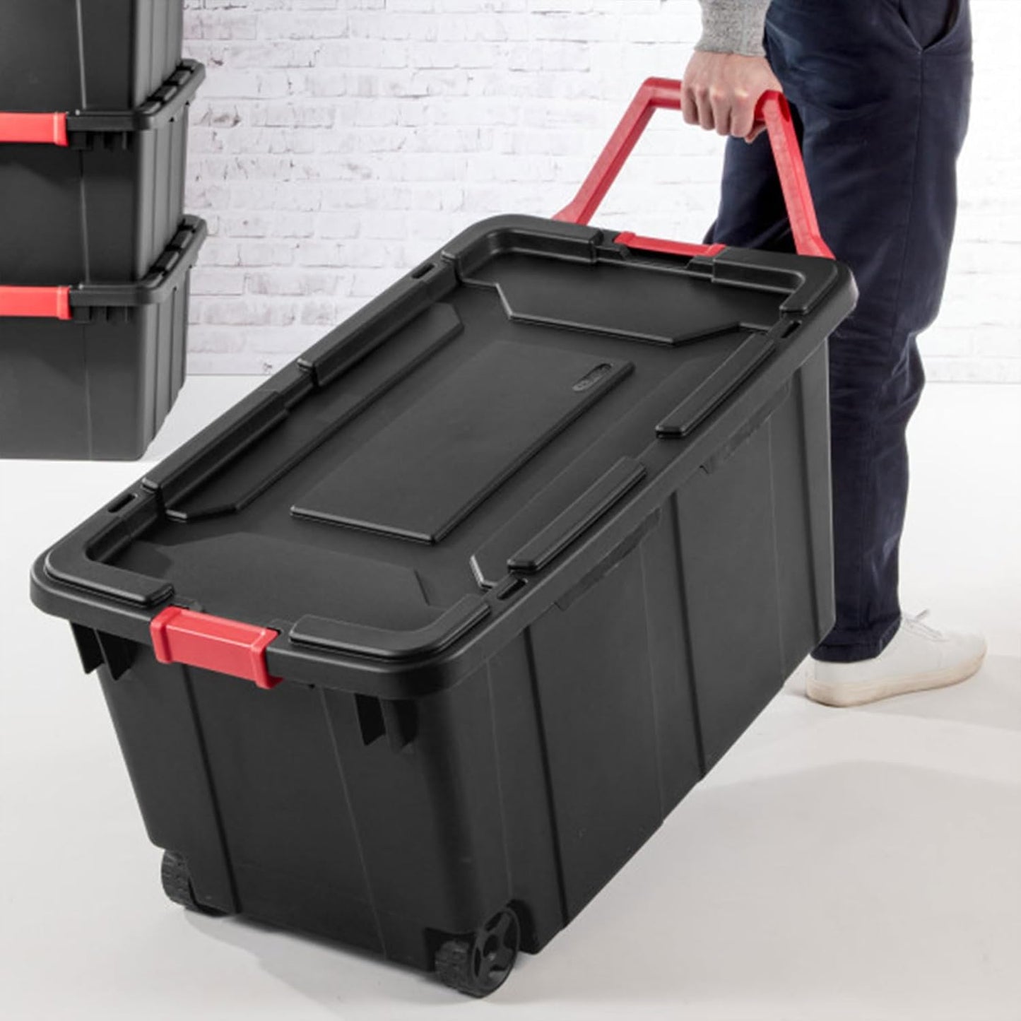 4-Pack Industrial Tote, Heavy-Duty Storage Bins W/Lids and Wheels, 40 Gallon - Stackable Organizing Containers for Home, Garage, Office, and Basement