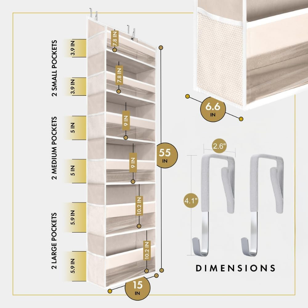 UPGRADED 6 Tiers over the Door Organizer Hanging - 100D EXTRA THICK & 50Lbs HUGE CAPACITY, 12 Side Mesh Pockets over the Door Shoe Organizer, Hanging Closet Organizer (Ivory, 1Pc)