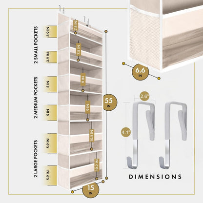 UPGRADED 6 Tiers over the Door Organizer Hanging - 100D EXTRA THICK & 50Lbs HUGE CAPACITY, 12 Side Mesh Pockets over the Door Shoe Organizer, Hanging Closet Organizer (Ivory, 1Pc)