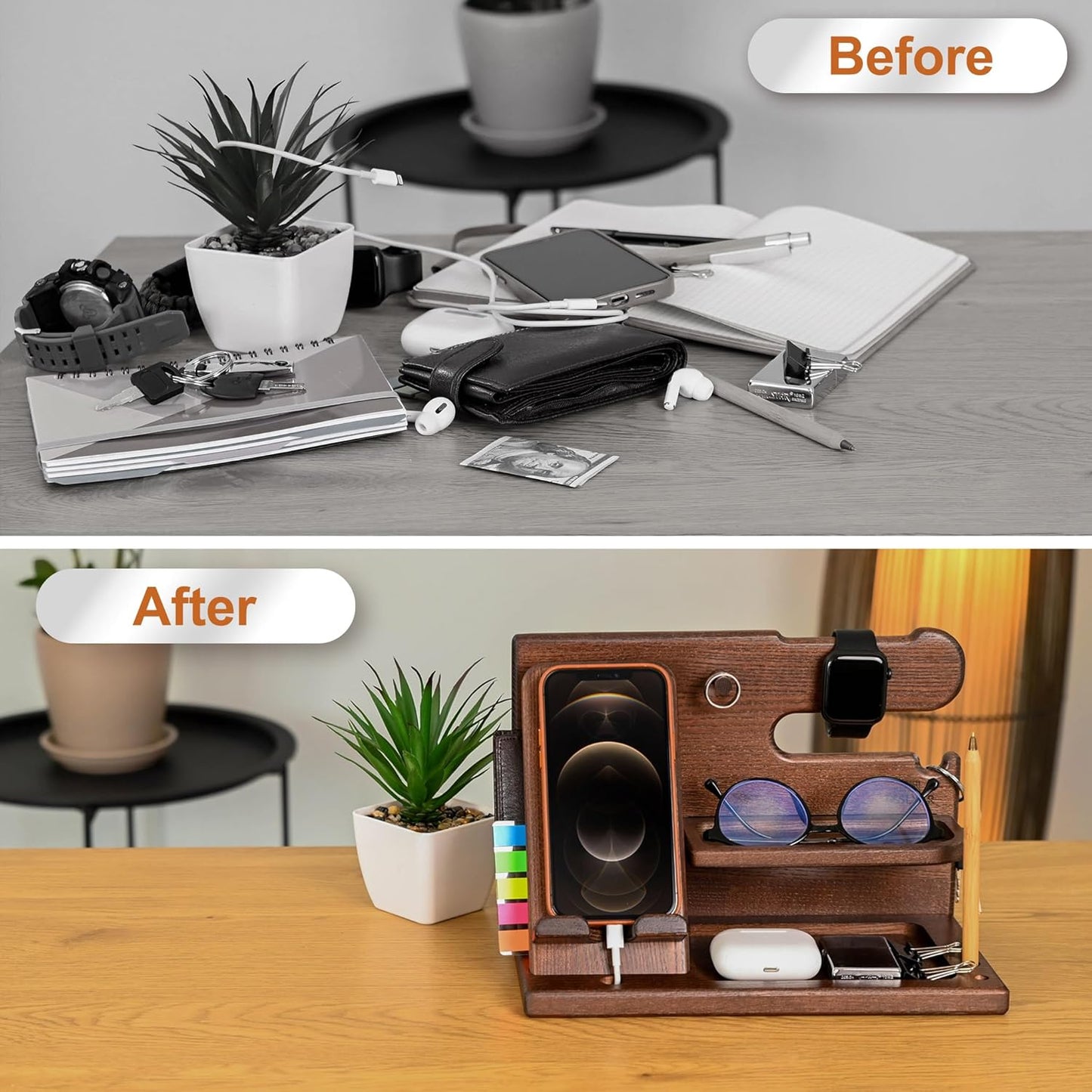 Wood Phone Docking Station for Men - Desk or Nightstand Organizer - Birthday Gifts for Husband, Dad - Anniversary Idea from Wife - Key Holder, Stand Wallet, Watch & Essentials (Bourbon Brown)