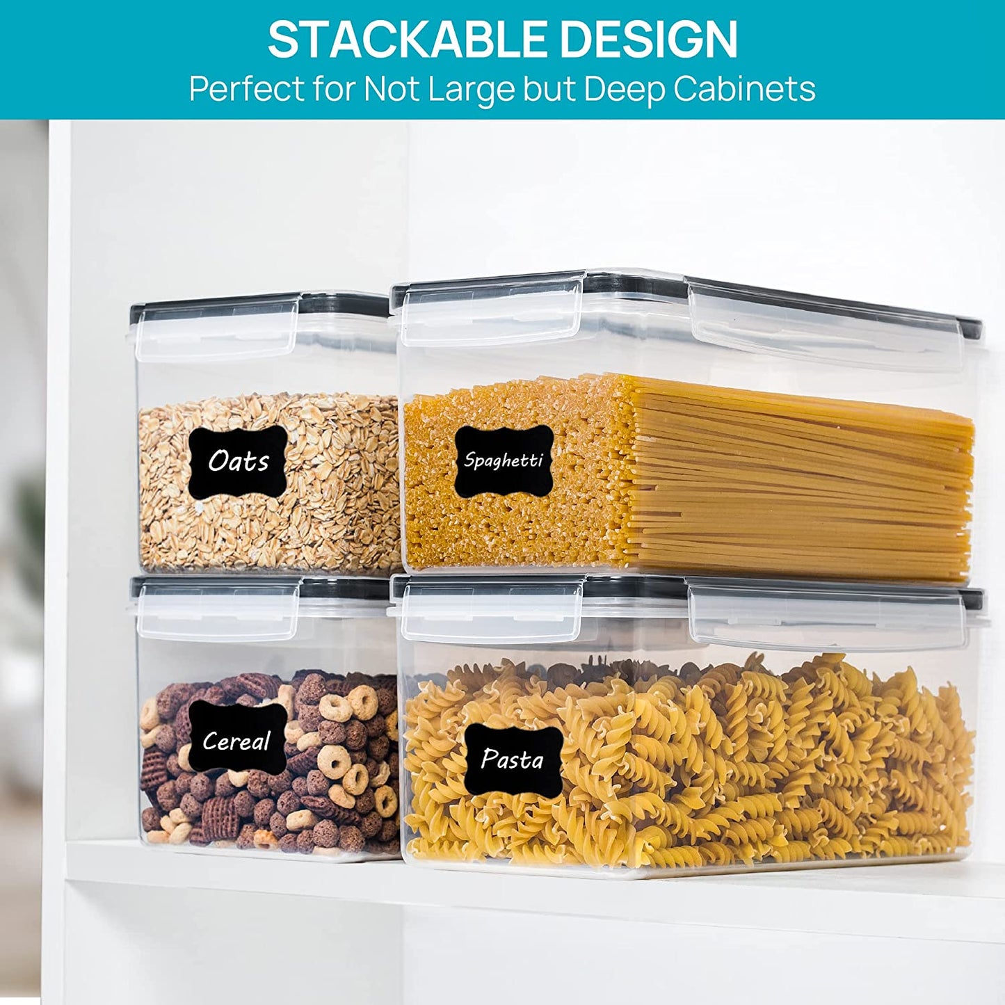 Airtight Food Storage Containers with Lids 8PCS Set 3.2L, Plastic Spaghetti Container for Pasta Organizer, BPA Free Air Tight House Kitchen Pantry Organization