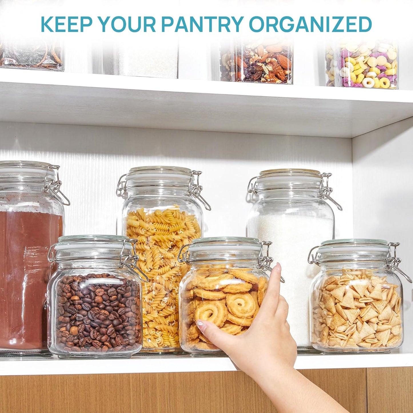 78Oz Glass Food Storage Jars with Airtight Clamp Lids, 3 Pack Large Kitchen Canisters for Flour, Cereal, Coffee, Pasta and Canning, Square Mason Jar with 8 Chalkboard Labels