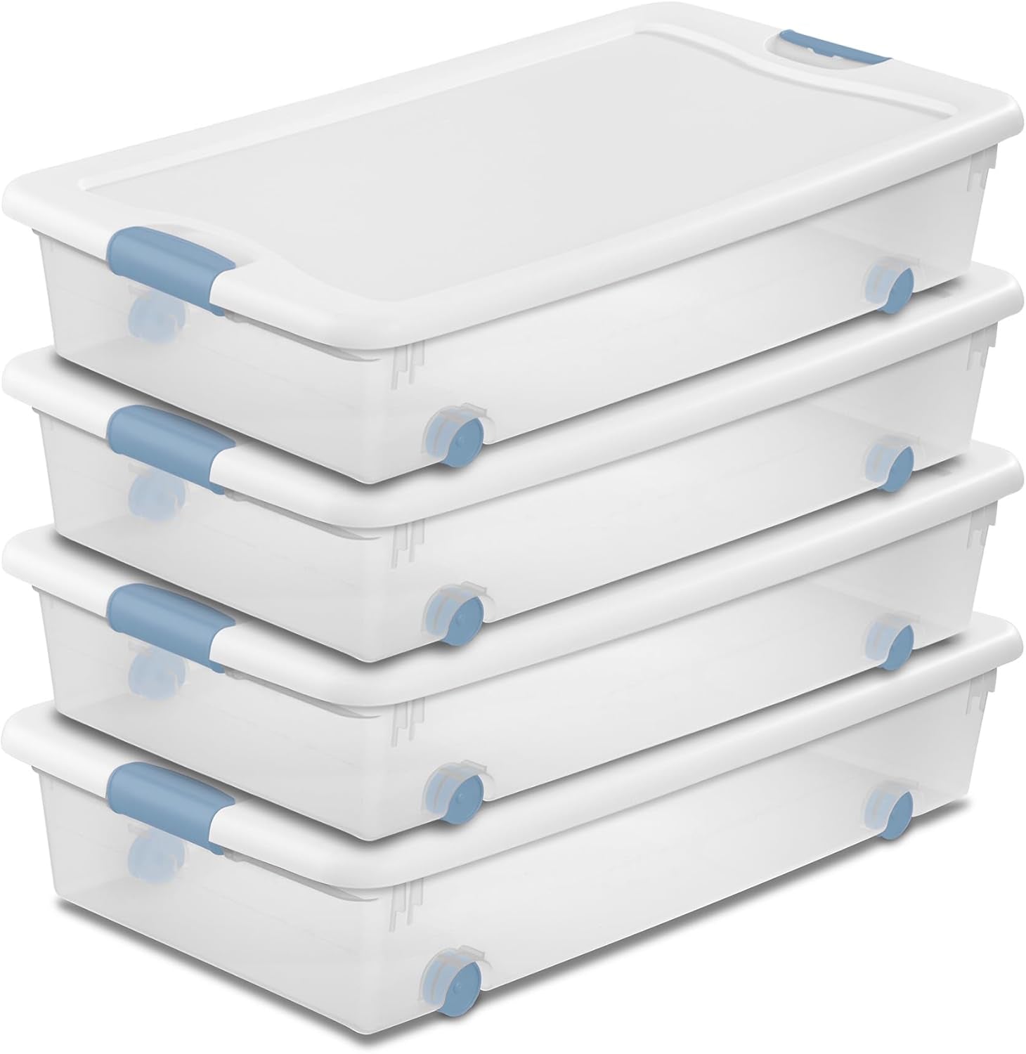 4-Pack 56 Quart Wheeled Latching Box, Underbed Clear Plastic Storage Organizer - under Bed Rolling Container Bin with Lid and Wheels for Home or Dorm Bedrooms and Closets