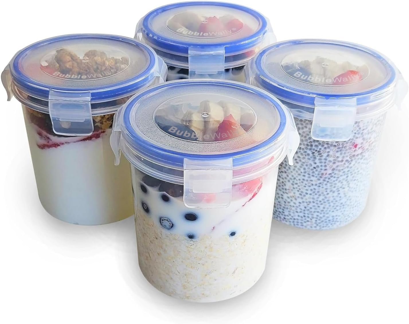 Overnight Oats Container with Lids (4-Piece Set) - 16 Oz Plastic Containers with Lids - Oatmeal Container to Go | Portable Cereal and Milk Container on the Go | Airtight Snap Lock Storage Jars