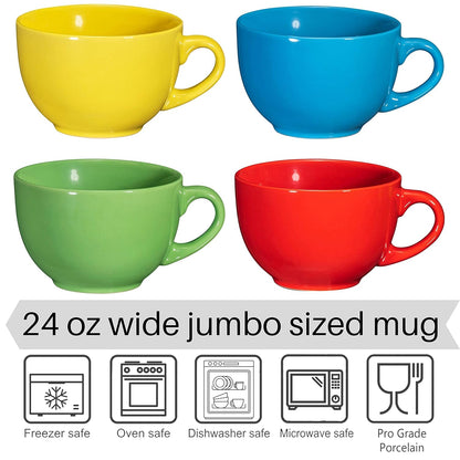 24 Oz Jumbo Coffee Mug Set of 4, 24 Ounce Microwavable, Porcelain Coffee Cups with Big Handle - Modern, Unique Style for Any Kitchen, Microwave Safe Coffee Mug for Your Christmas, Birthday G