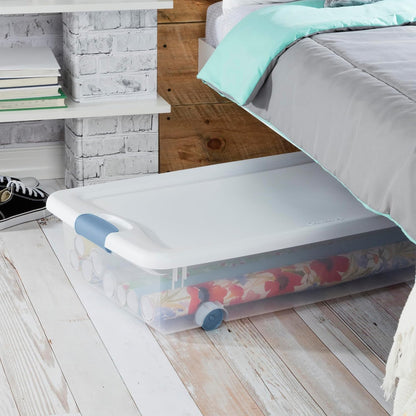 4-Pack 56 Quart Wheeled Latching Box, Underbed Clear Plastic Storage Organizer - under Bed Rolling Container Bin with Lid and Wheels for Home or Dorm Bedrooms and Closets