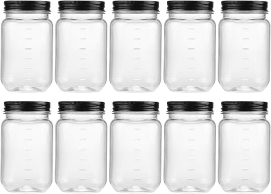 16 Oz Clear Plastic Jars with Lids, Refillable 16Oz Mason Jars with Lids & Storage Containers for Kitchen & Household Use (10 Pack,Black)
