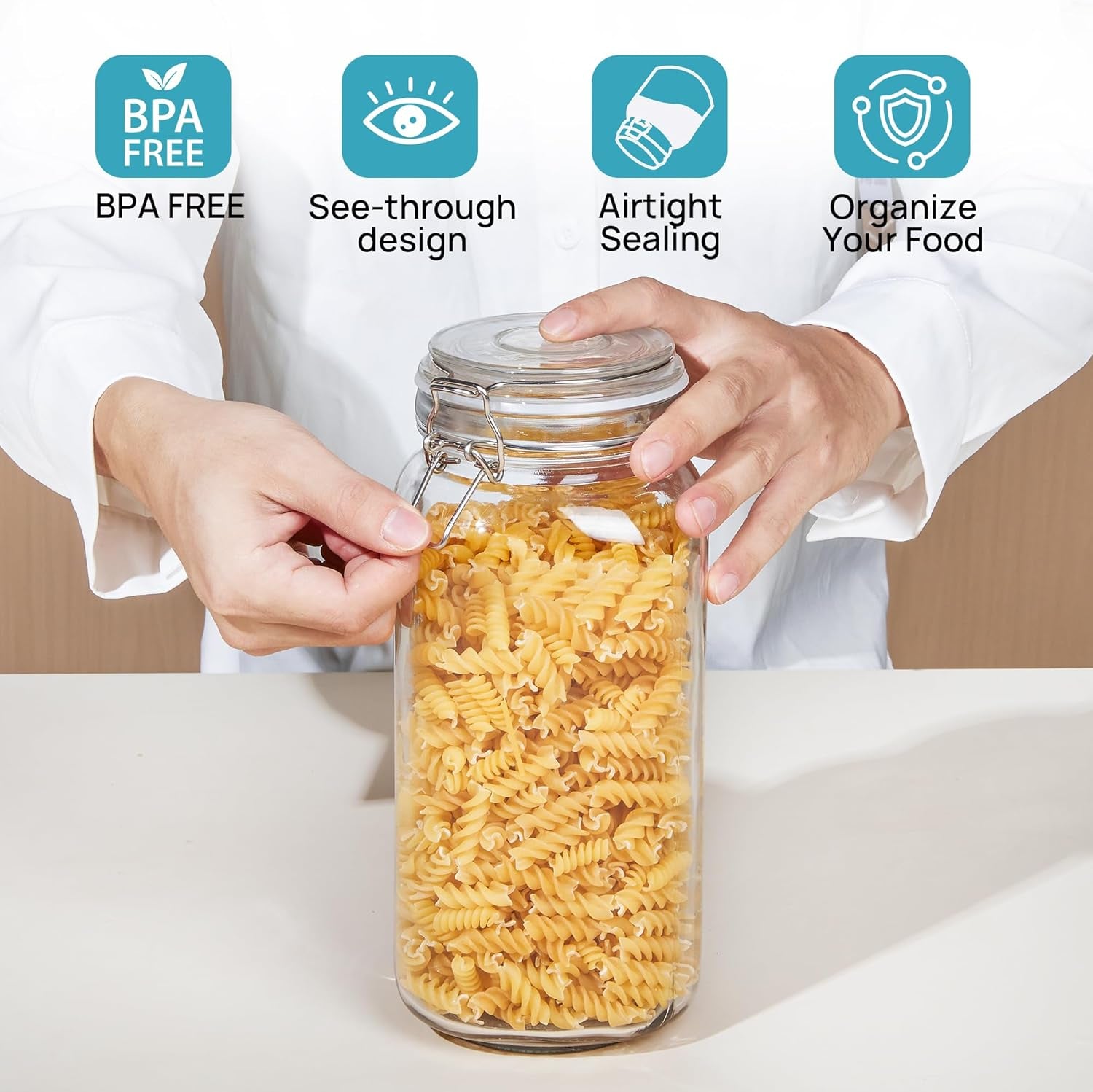 78Oz Glass Food Storage Jars with Airtight Clamp Lids, 3 Pack Large Kitchen Canisters for Flour, Cereal, Coffee, Pasta and Canning, Square Mason Jar with 8 Chalkboard Labels