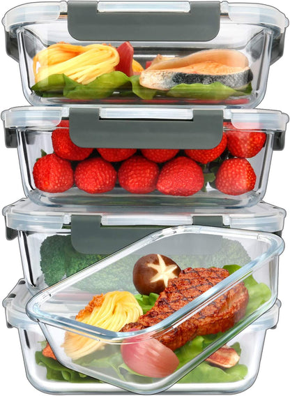 [5-Packs, 36 Oz Glass Meal Prep Containers with Snap Locking Lids Glass Food Containers,Airtight Lunch Container,Microwave, Oven, Freezer and Dishwasher (4.5 Cup)