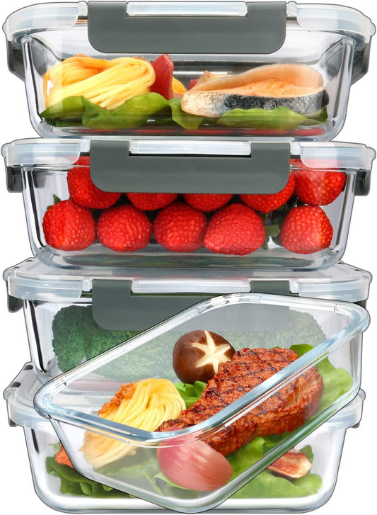 [5-Packs, 36 Oz Glass Meal Prep Containers with Snap Locking Lids Glass Food Containers,Airtight Lunch Container,Microwave, Oven, Freezer and Dishwasher (4.5 Cup)