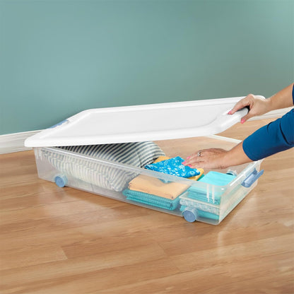 4-Pack 56 Quart Wheeled Latching Box, Underbed Clear Plastic Storage Organizer - under Bed Rolling Container Bin with Lid and Wheels for Home or Dorm Bedrooms and Closets