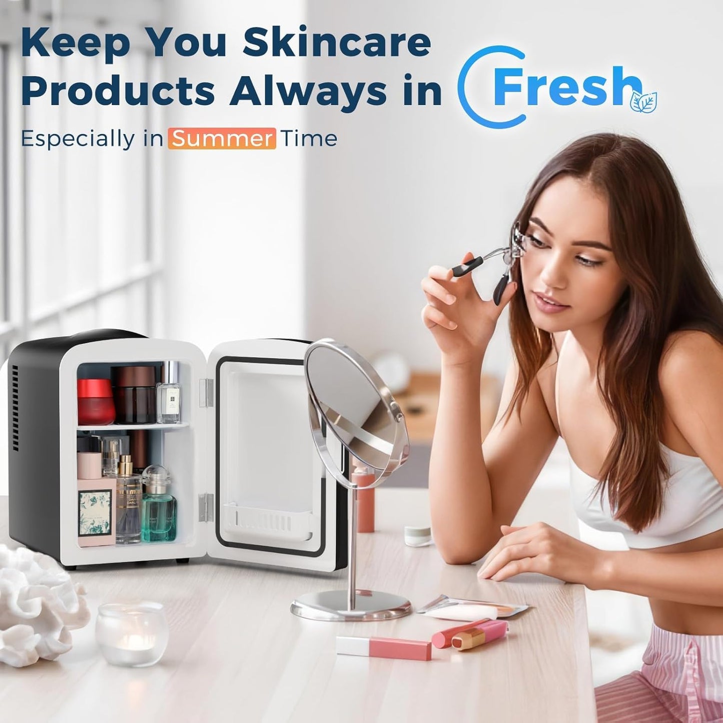 4L Makeup Mini Refrigerator with Mirror for Bedroom, Car, Office & Dorm, Portable Small Cooler for Cosmetics, Skin Care, Black
