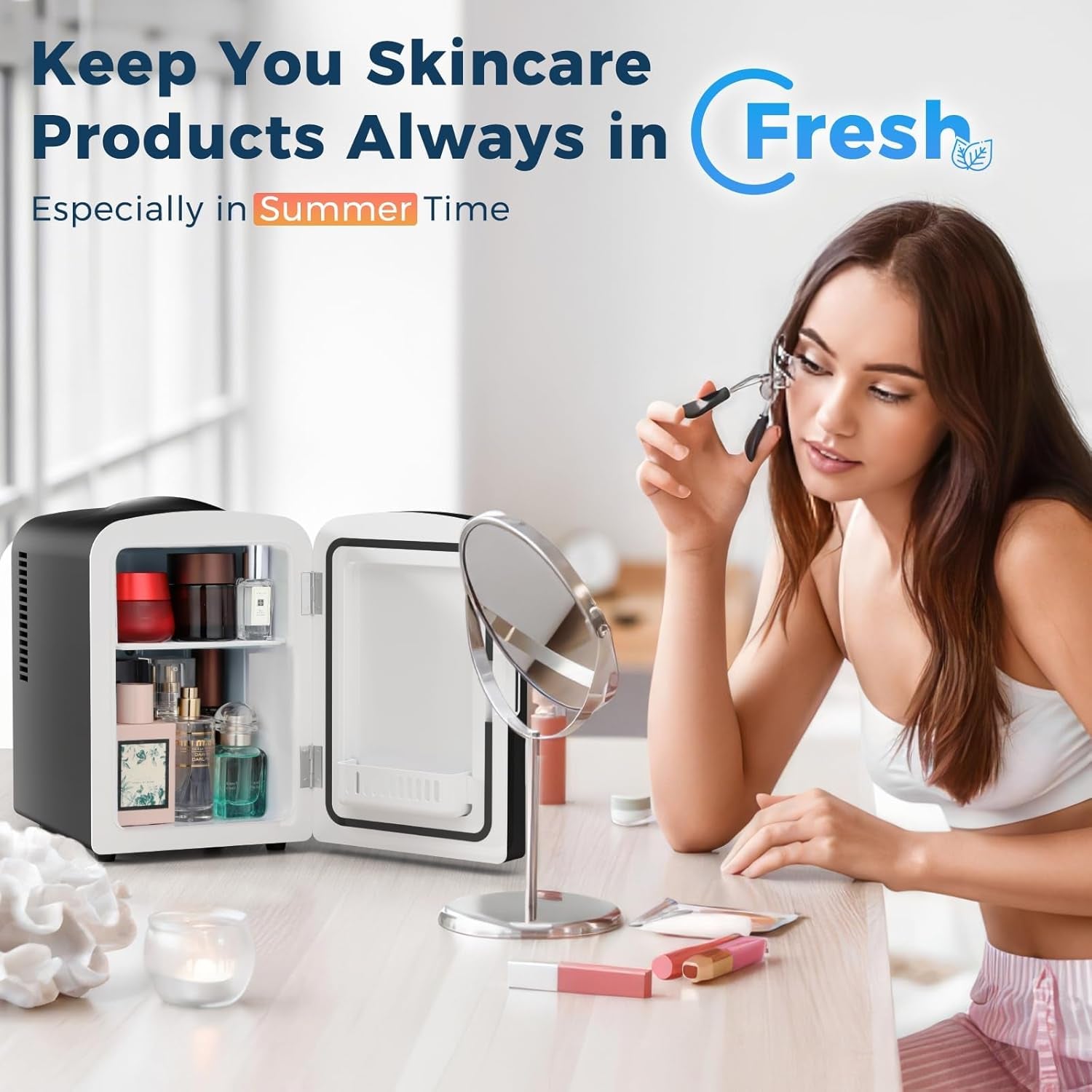 4L Makeup Mini Refrigerator with Mirror for Bedroom, Car, Office & Dorm, Portable Small Cooler for Cosmetics, Skin Care, Black